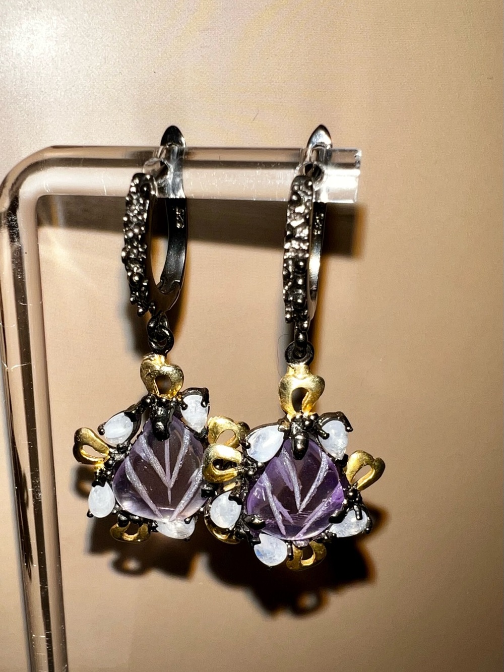 Carved Amethyst Sterling Drop Earrings with Gold Accents